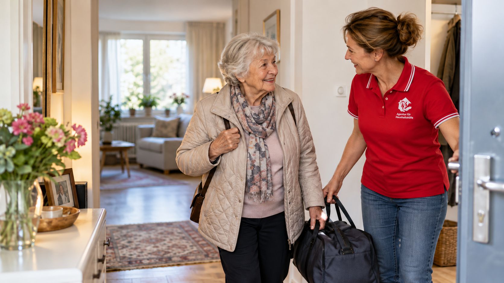 Mitarbeiterin der Agentur für Haushaltshilfe empfängt eine Seniorin nach dem Klinikaufenthalt an der Wohnungstür