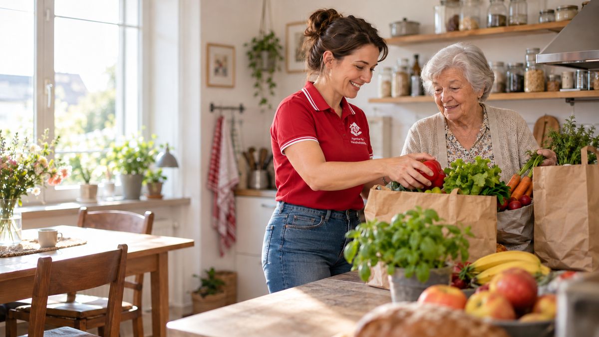 Mitarbeiterin der Agentur für Haushaltshilfe räumt mit einer Seniorin Einkäufe in der Küche aus